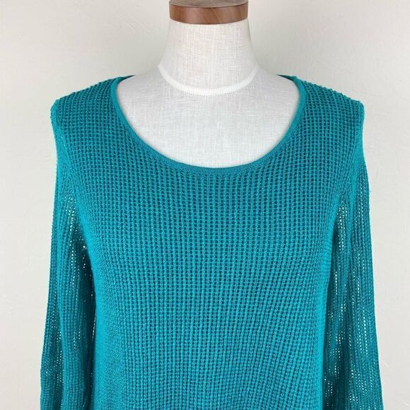 Eileen Fisher Organic Linen Asymmetrical Knit Sweater - Teal Green - Picture 4 of 7